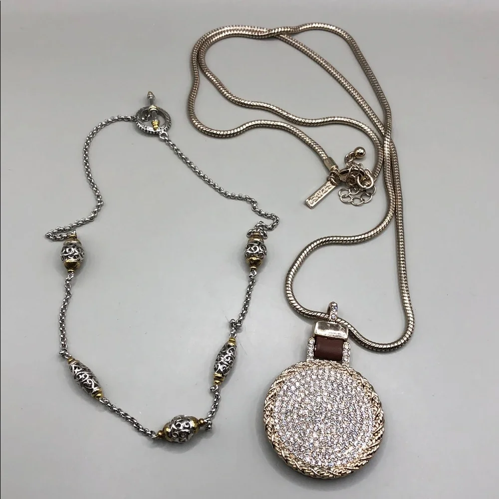 WHBM long chain necklace 2 sided CZ pendant + scroll stations chain necklace.